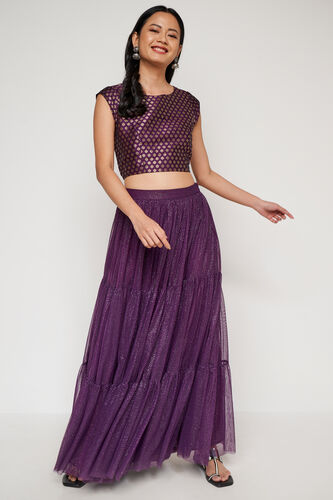 Purple Foil Print Flared Skirt, Purple, image 1